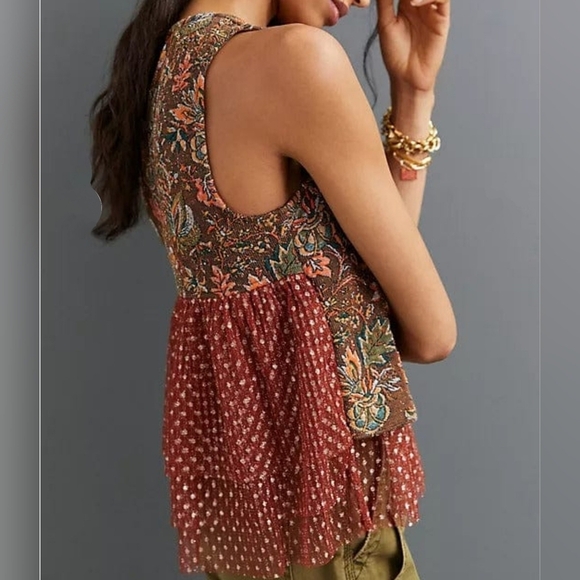 Anthropologie Eva Franco Brown Floral Jacquard Tulle Sleeveless Top SMALL - Picture 5 of 14